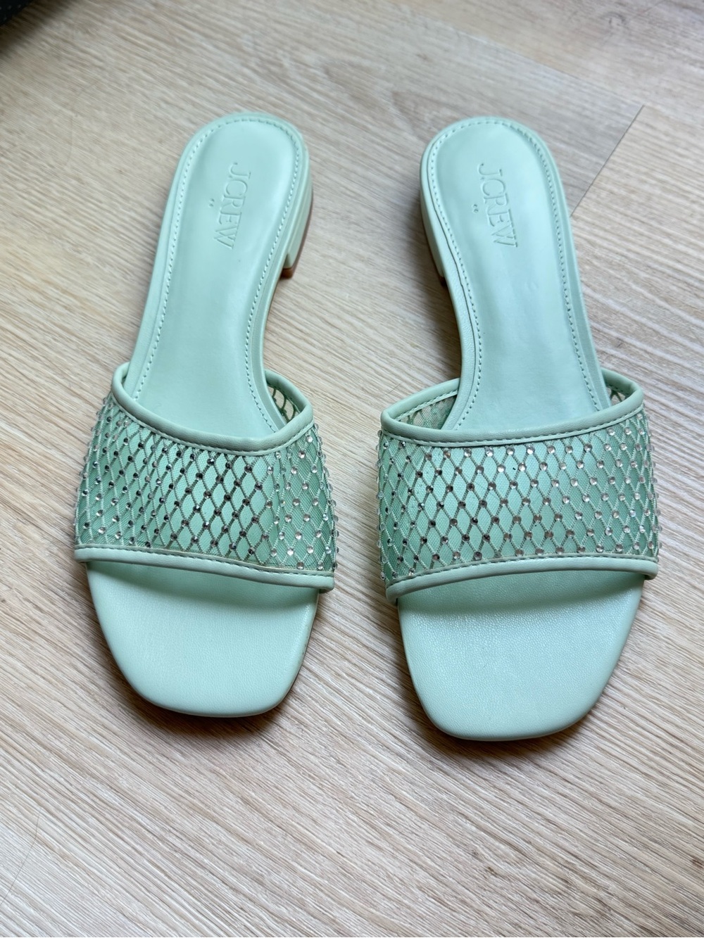 J. Crew Mint Green Mesh Rhinestone Crystal-Embellished Slide Sandals - Picture 2 of 6